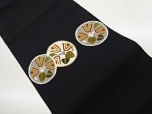 塩瀬金彩丸文に抽象花唐草模様刺繍名古屋帯（松葉仕立て）